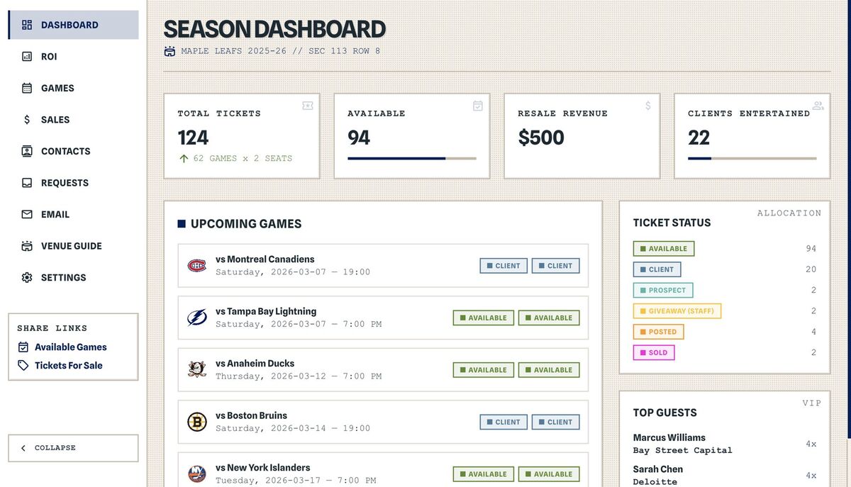 TicketRoster dashboard showing season overview