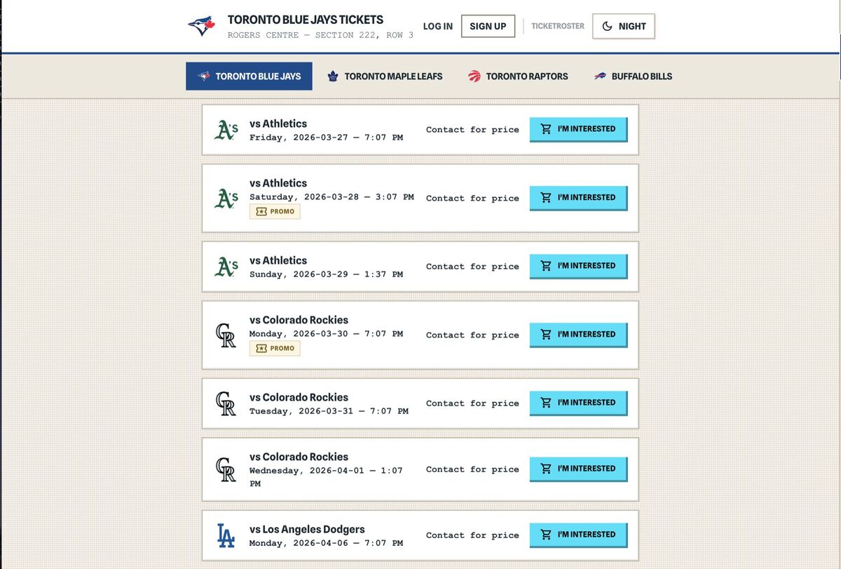 TicketRoster public ticket page showing available games