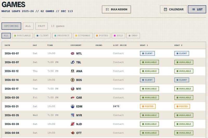 Game tracking dashboard with schedule and status